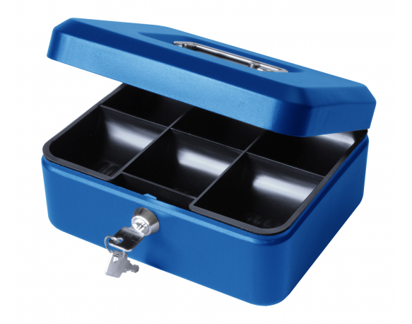 8" Petty Cash Box, Locking Money Box Tin - Blue